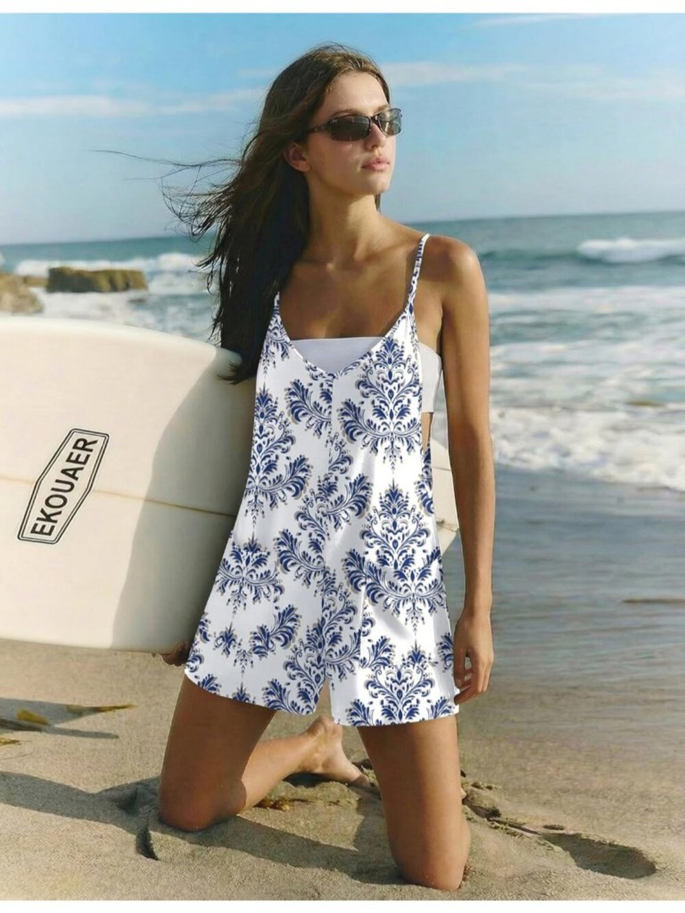 Womens White Italian Casual Sleeveless Short Overall Boho Spaghetti Strap Romper - Picture 2 of 6